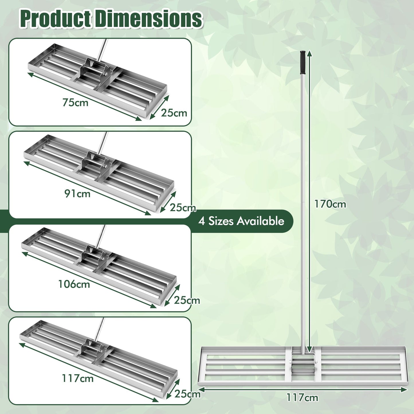 75/91/106 x 25cm Lawn Leveling Rak with Ergonomic Handle-117 x 25 cm-Silver