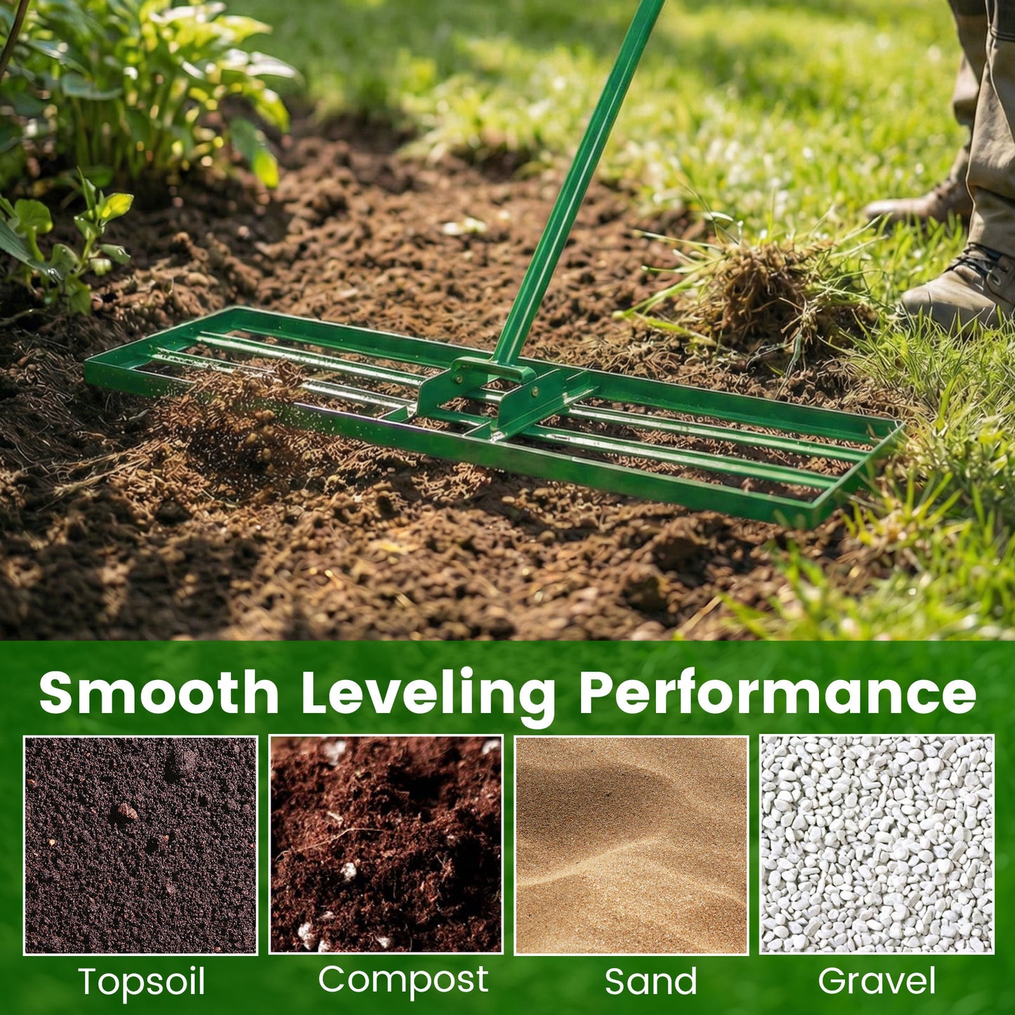 Lawn Leveling Rake with Adjustable Handle and Rotating U-Head for Topsoil-Green