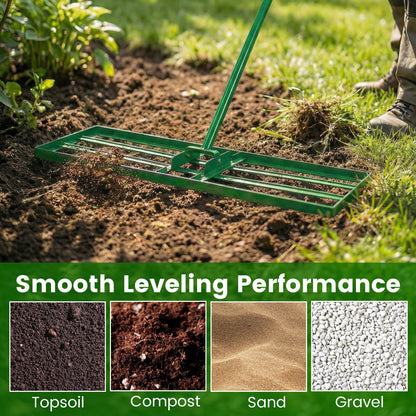 Lawn Leveling Rake with Adjustable Handle and Rotating U-Head for Topsoil-Green