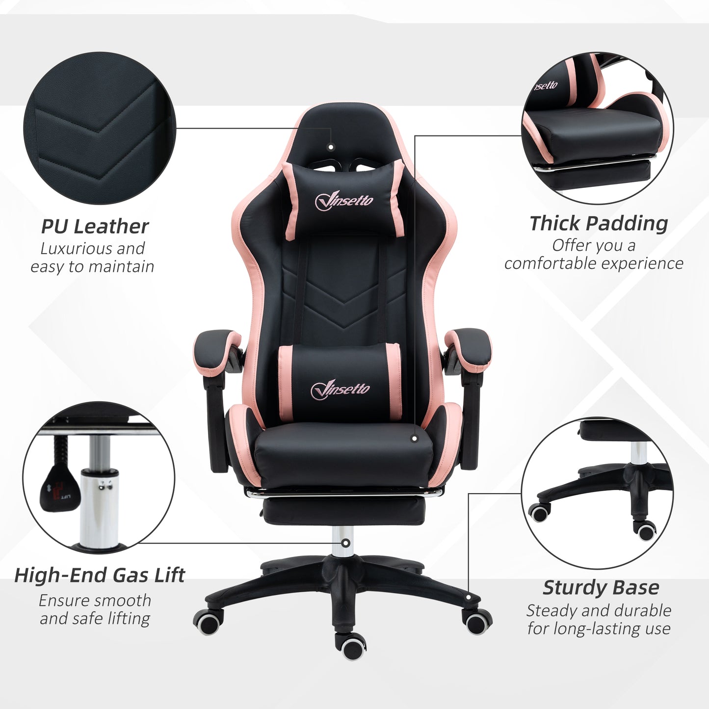 Vinsetto Computer Gaming Chair, PU Leather Desk Chair with Footrest, Swivel Task Chair with 135√Ç¬∞ Reclining Back and Lumbar Support, PC Chair for Adults, Black and Pink
