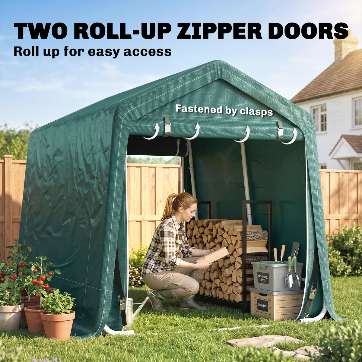 Outsunny 8 x 6.5 ft Outdoor Garden Storage Shed, Waterproof Portable Shed w/ Double Roll-up Zipper Door for Garden Tools, Green