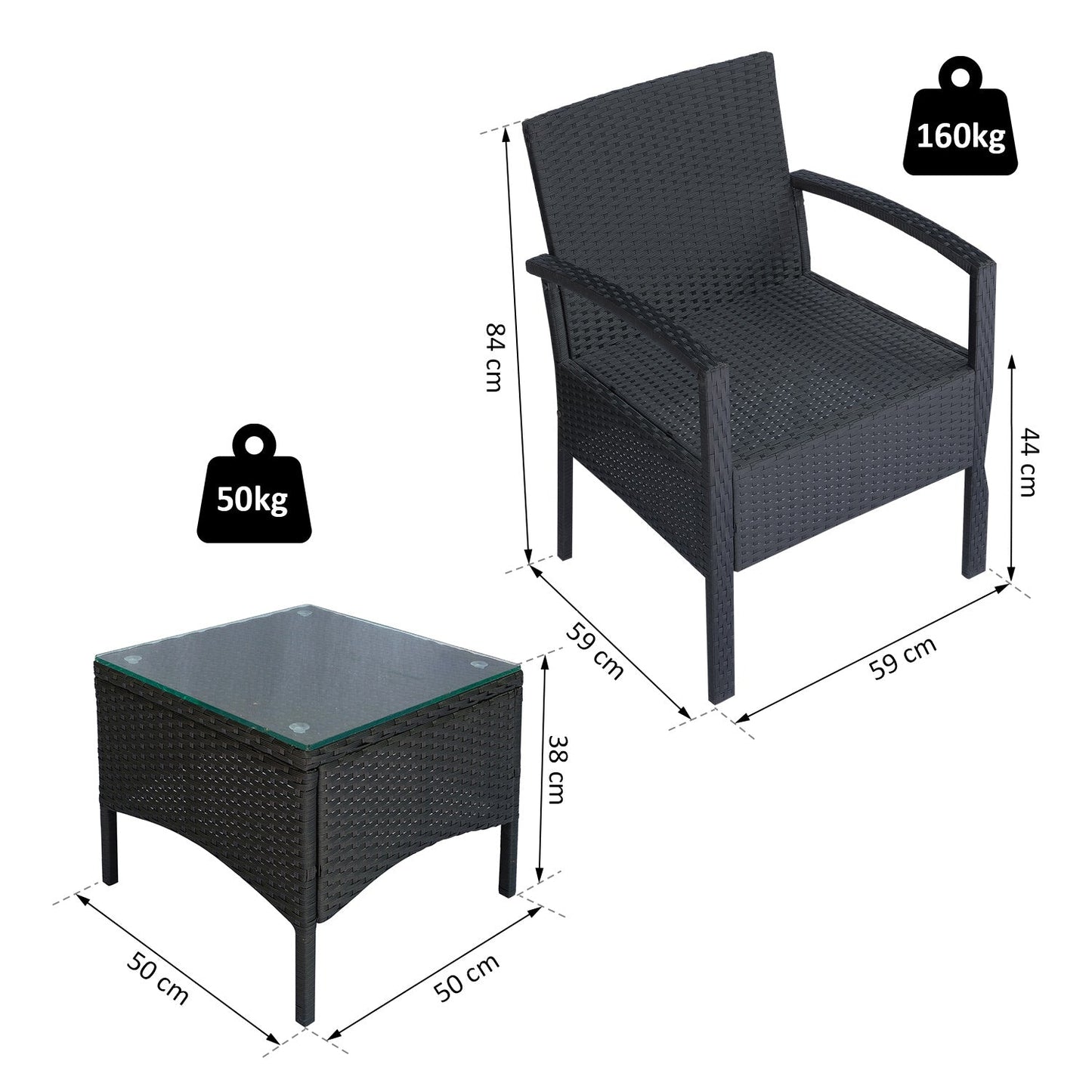 أثاث حديقة Outsunny Rattan طقم أريكة وكرسي وطاولة بيسترو منسوج في الهواء الطلق طقم حديقة شتوية من الفولاذ باللون الأسود