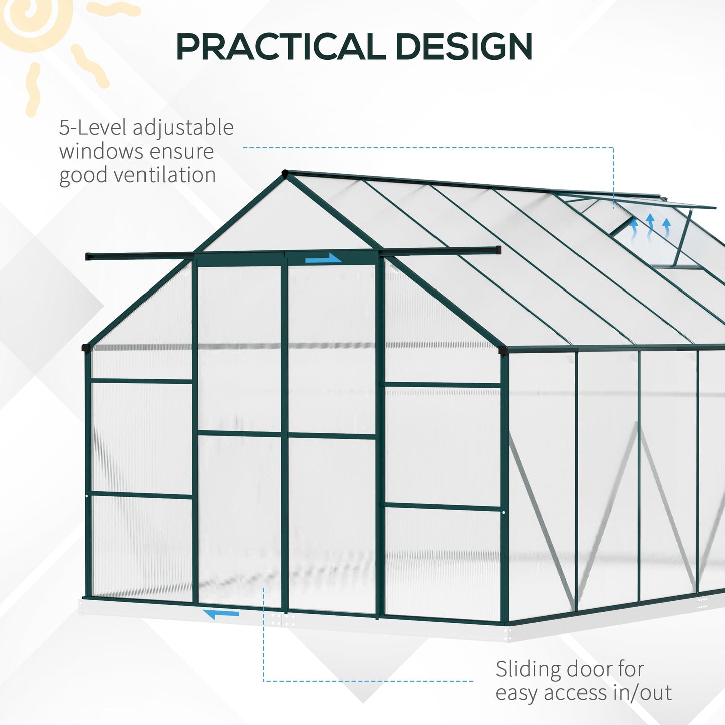 Outsunny Aluminium Greenhouse Polycarbonate Walk-in Garden Greenhouse Kit with Adjustable Roof Vent, Rain Gutter and Foundation, 8 x 12ft, Clear