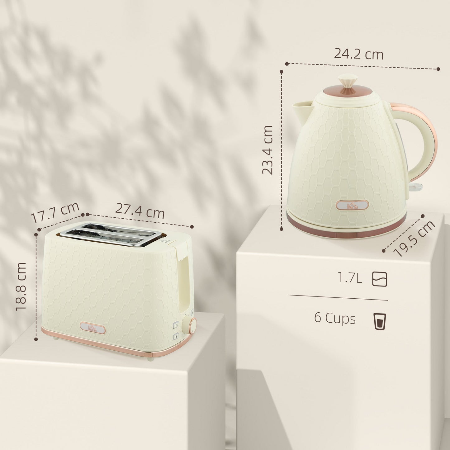 HOMCOM 1.7L 3000W Fast Boil Kettle & 2 Slice Toaster Set, Kettle and Toaster Set with Auto Shut Off, Browning Controls, Beige