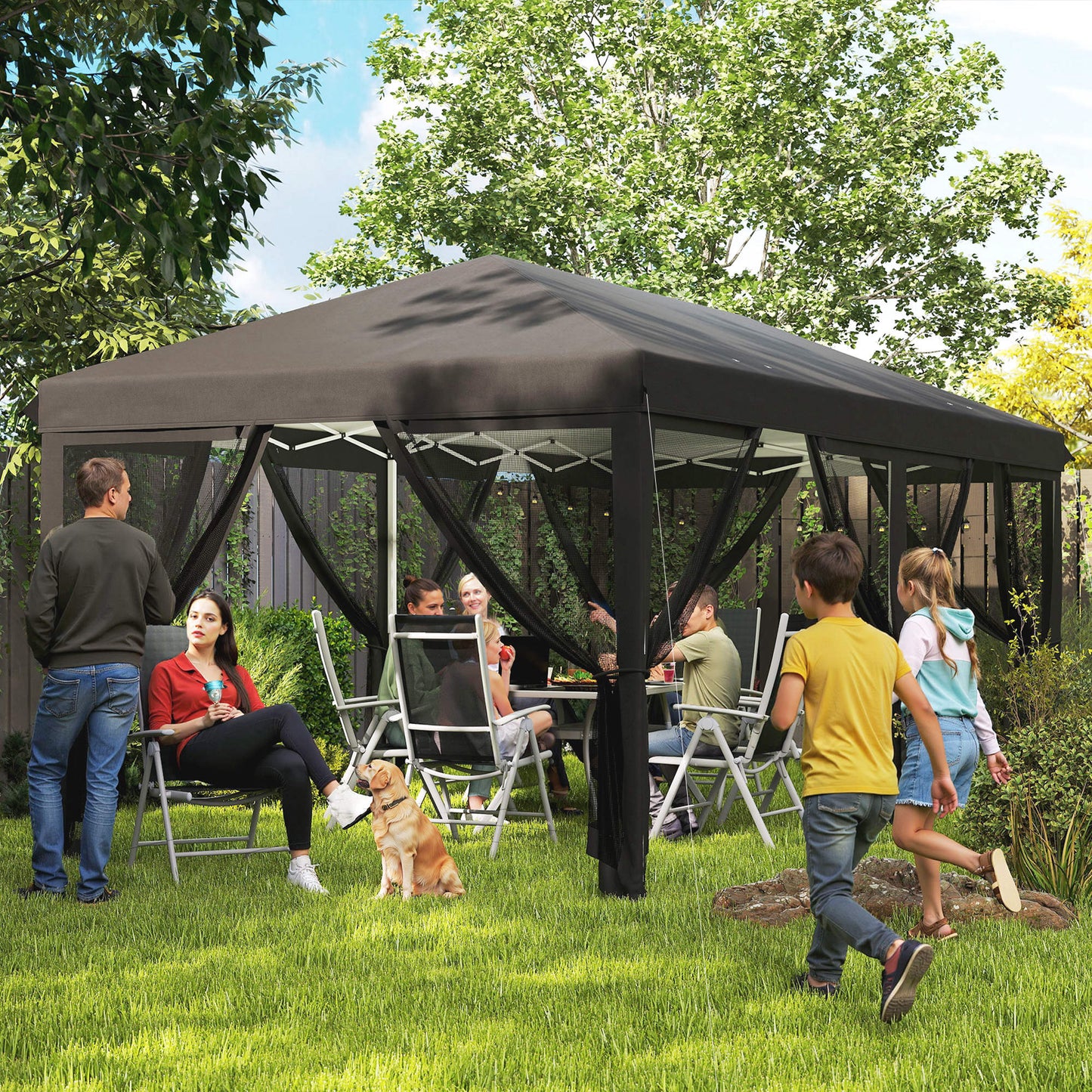 Outsunny 3 x 6m Pop Up Gazebo, zadaszenie zewnętrzne, namiot imprezowy na wesele z 6 ściankami z siatki i torbą transportową, czarny