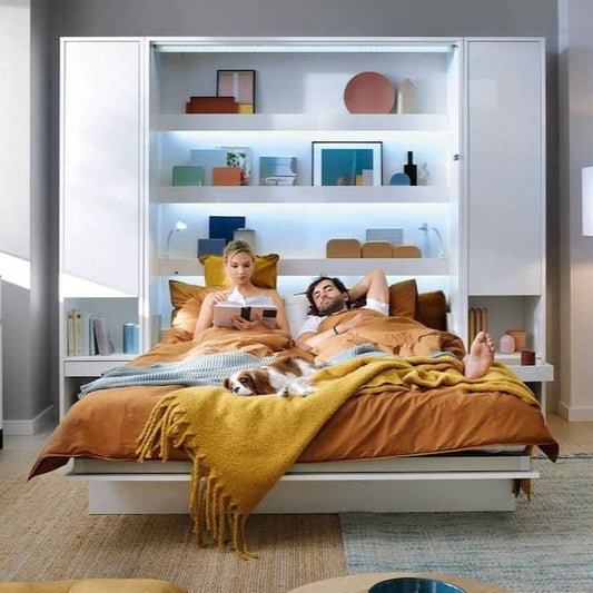 BC-12 سرير جداري رأسي مقاس 160 سم مزود بخزائن تخزين وإضاءة LED