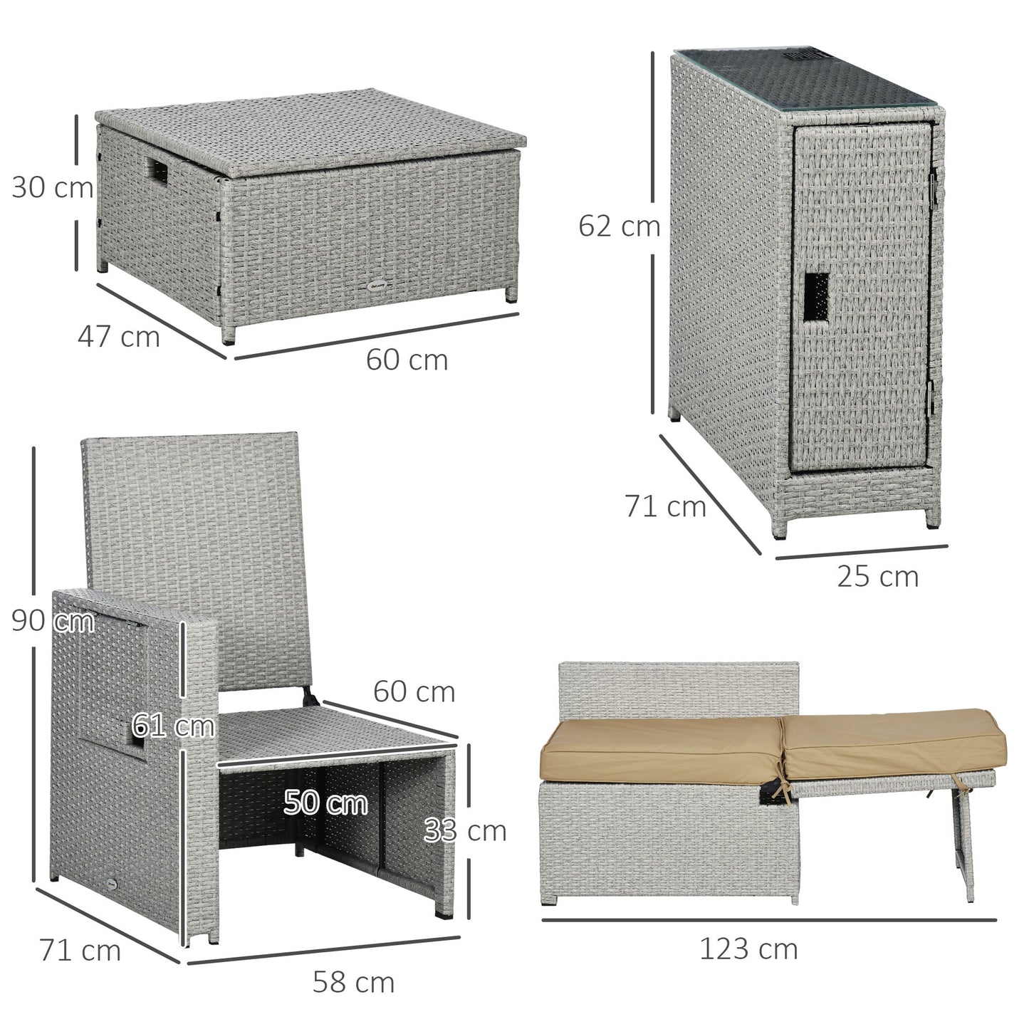 Outsunny 5PC PE Rattan Leżak, Zewnętrzna wiklina 5-poziomowa Regulowana Sofa Rozkładana z Bocznym Stolikiem i Podnóżkami, Na Patio, Do Ogrodu, Przy Basenie, Beżowy