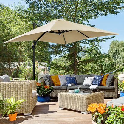 Outsunny 2,5 x 2,5 m Parasol tarasowy z wysięgnikiem, aluminiowy, wiszący, z możliwością obrotu o 360° z korbką i podstawą krzyżową, kremowo-biały