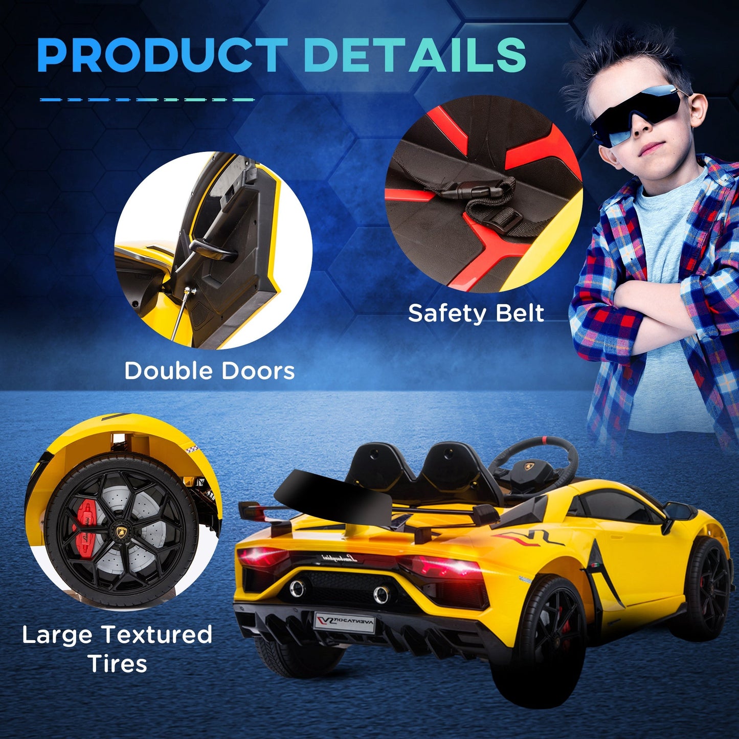 HOMCOM Lamborghini Aventador Licensed 12V Kids Electric Ride On Car Racing Car Toy with Parental Remote Control Battery-powered 2 Motors Music Lights for 3-8 Years Old Yellow