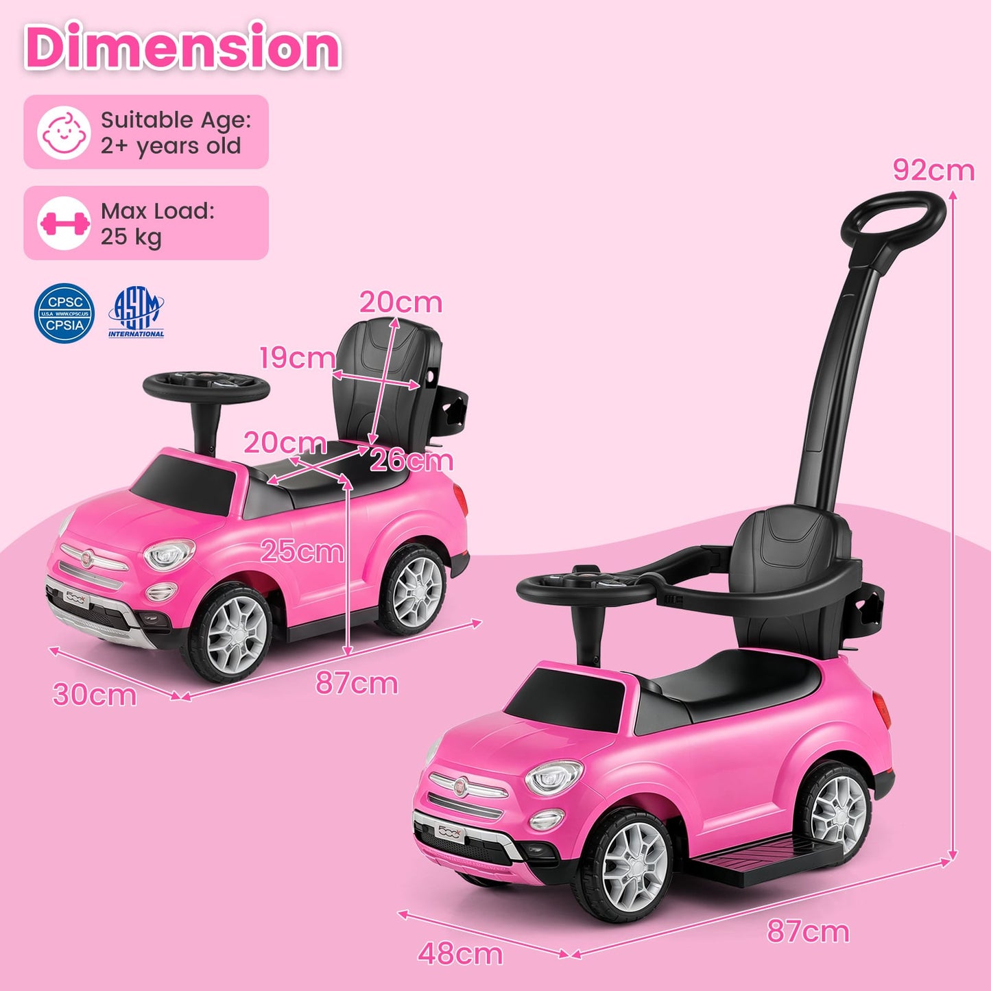 Licensed FIAT Ride On Car 2-in-1 Push Car with Removable Handle-Pink