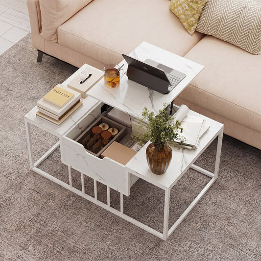 Lift Top Coffee Table Modern Center Table with Hidden Storage Compartment-White