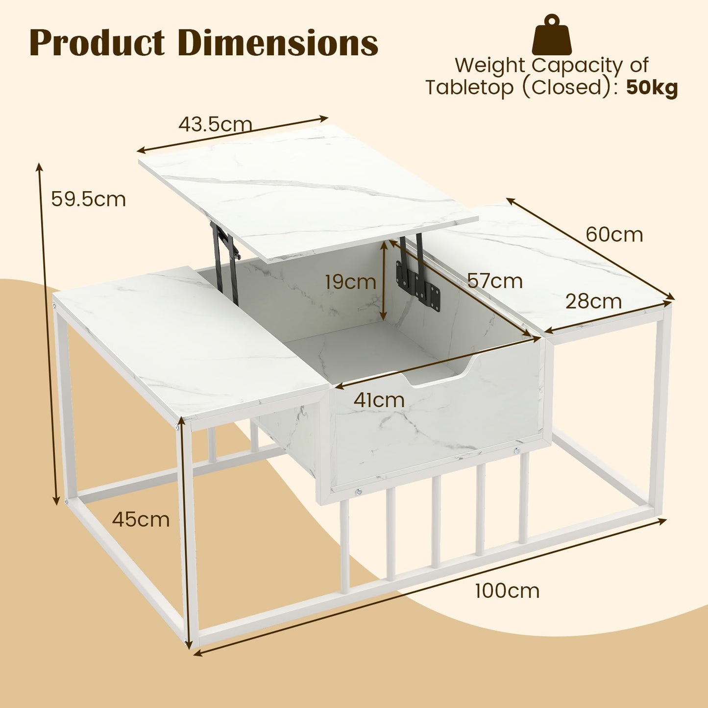 Lift Top Coffee Table Modern Center Table with Hidden Storage Compartment-White