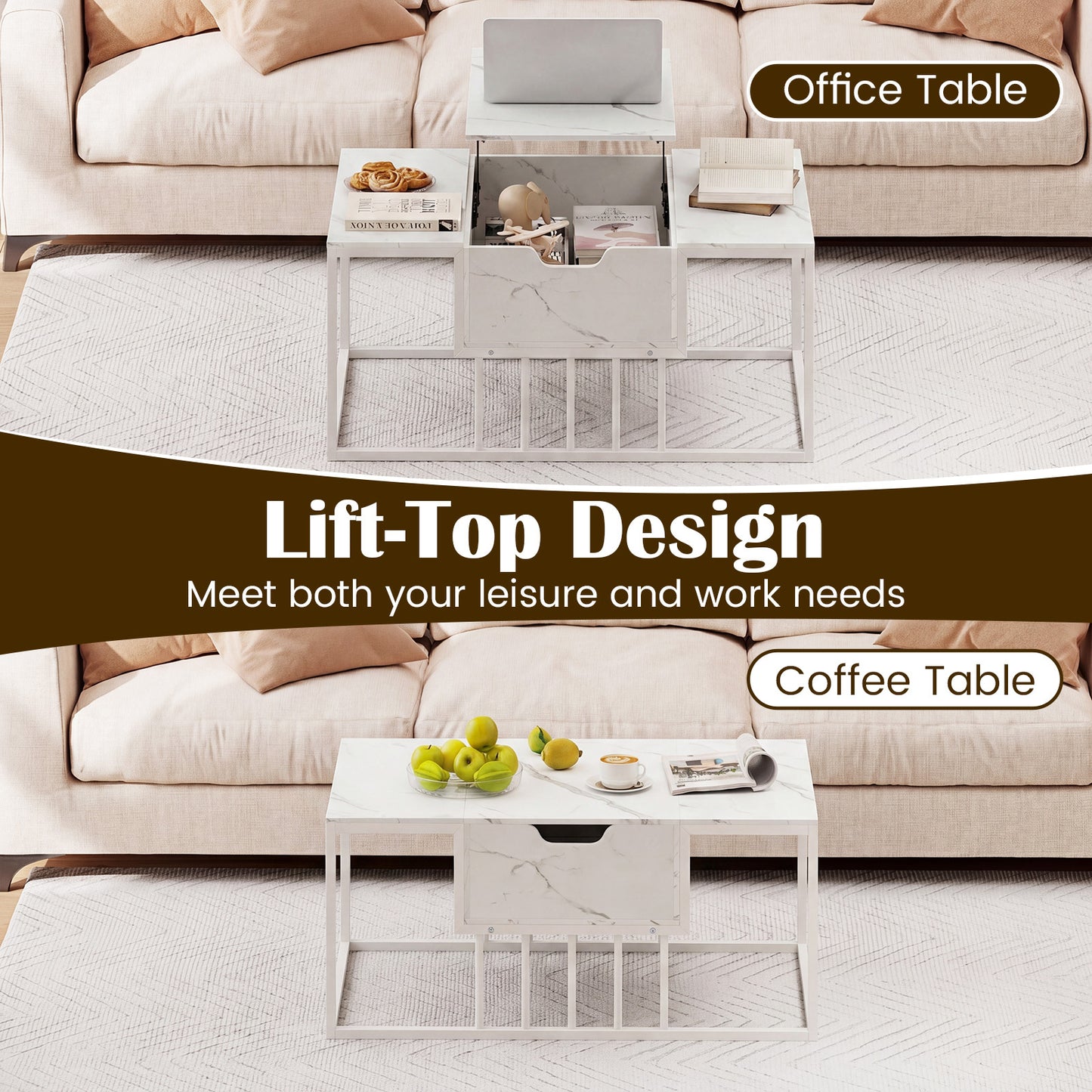 Lift Top Coffee Table Modern Center Table with Hidden Storage Compartment-White