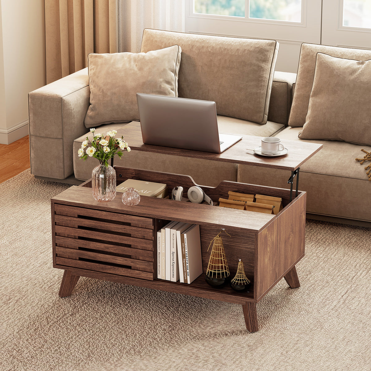 Lift Top Coffee Table with Hidden Compartment for Living Room-Brown