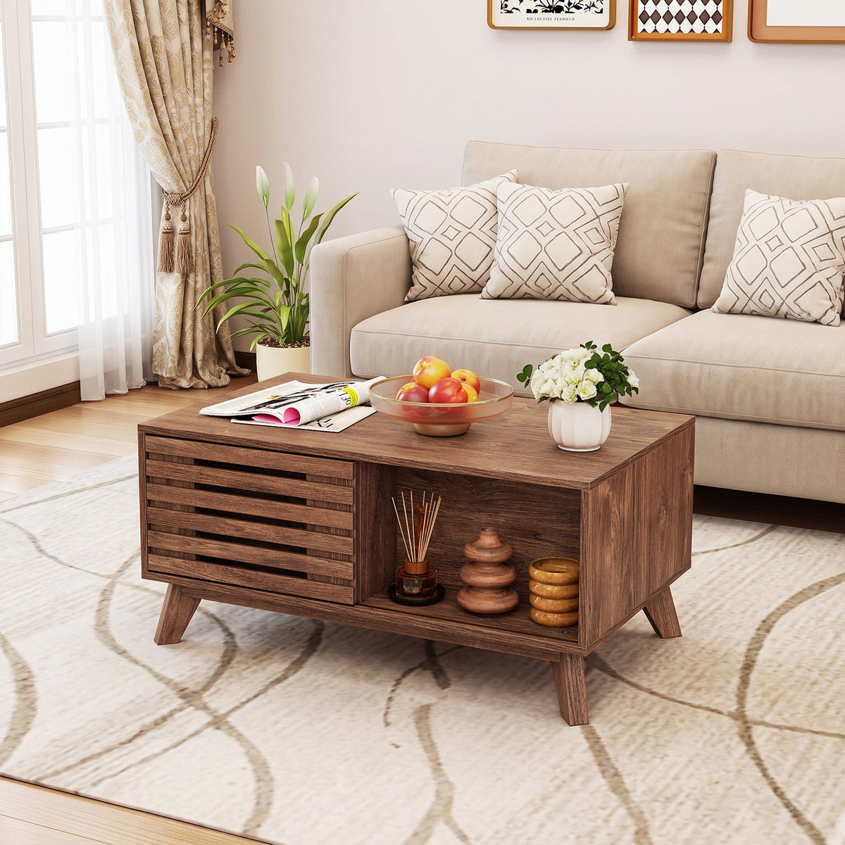 Lift Top Coffee Table with Hidden Compartment for Living Room-Brown