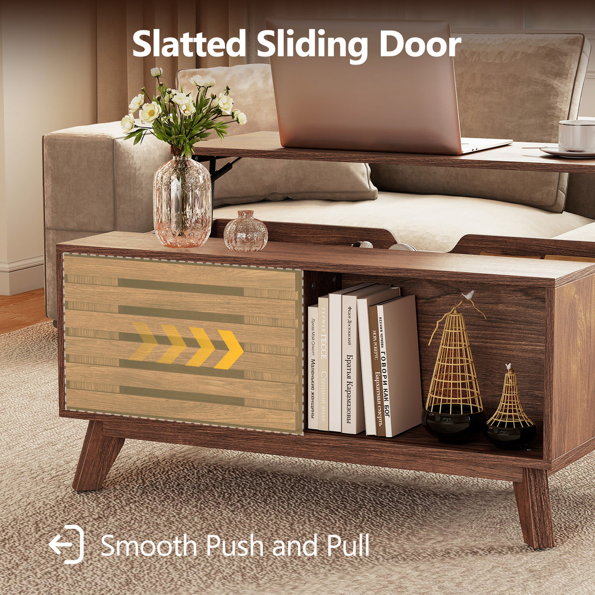 Lift Top Coffee Table with Hidden Compartment for Living Room-Brown