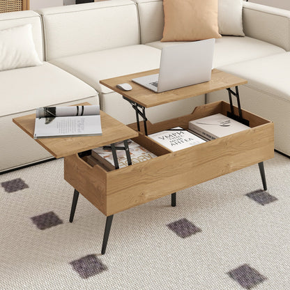 Lift Top Coffee Table Modern Center Table with 2 Hidden Storage Compartments-Natural