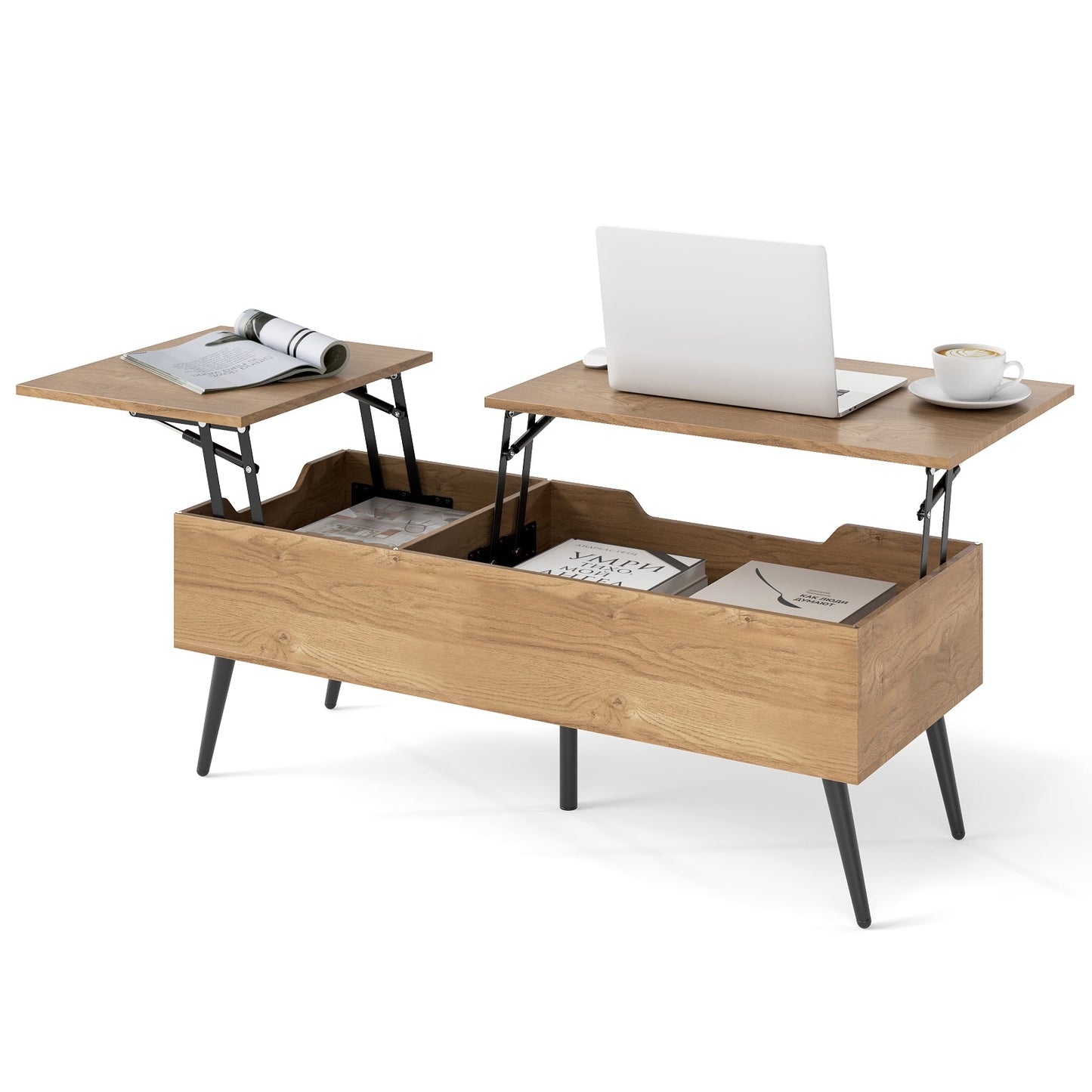 Lift Top Coffee Table Modern Center Table with 2 Hidden Storage Compartments-Natural