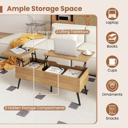 Lift Top Coffee Table Modern Center Table with 2 Hidden Storage Compartments-Natural