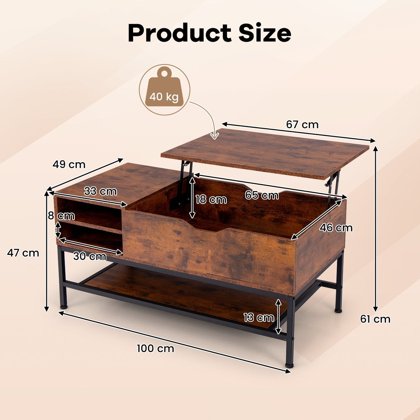 Lift Top Coffee Table with Hidden Compartment and Removable Shelf-Rustic Brown