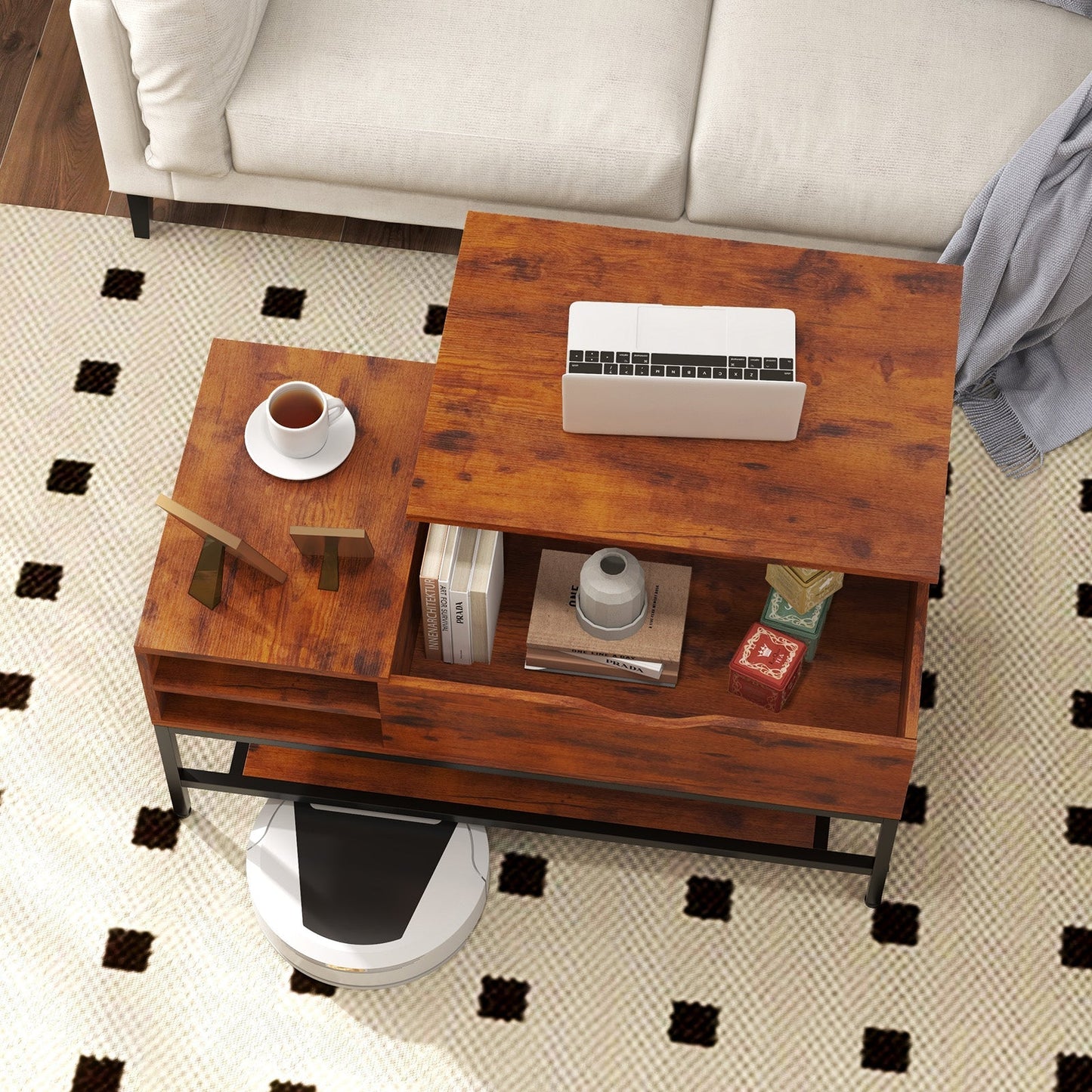 Lift Top Coffee Table with Hidden Compartment and Removable Shelf-Rustic Brown