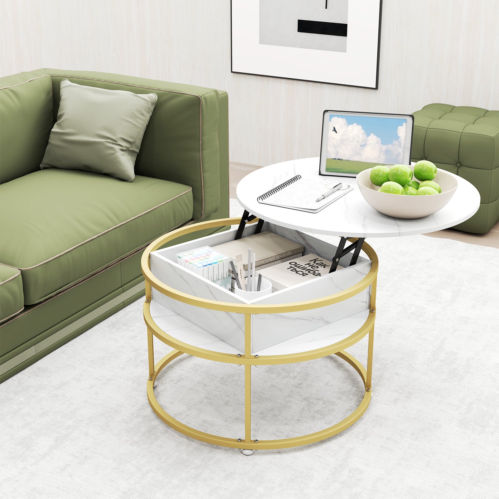 80cm Lift Top Coffee Table with Hidden Compartment and Side Shelves-White