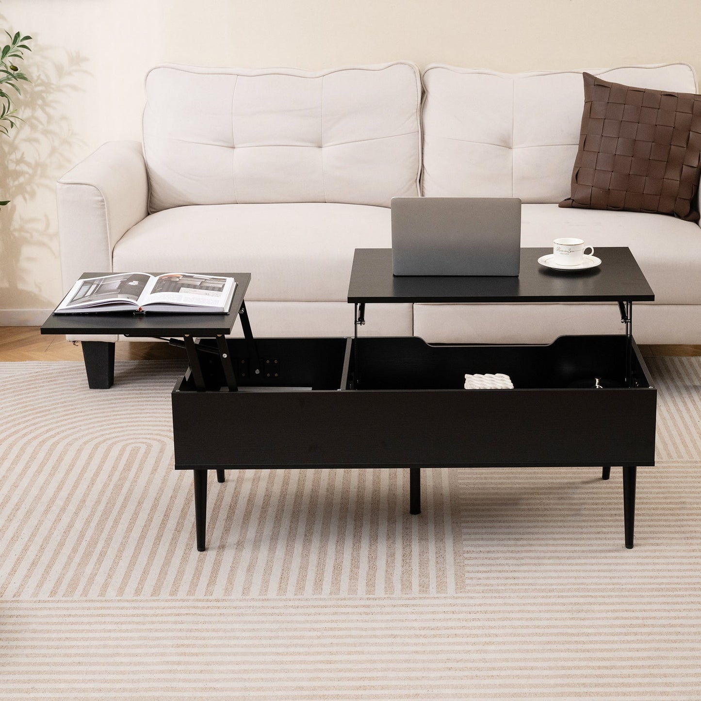 Lift Top Coffee Table Modern Center Table with 2 Hidden Storage Compartments-Black