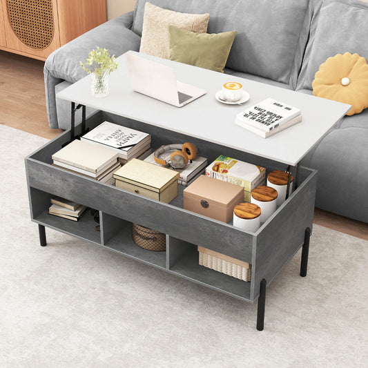 Lift Top Coffee Table with Large Hidden Compartment and 3 Open Cubbies-Grey