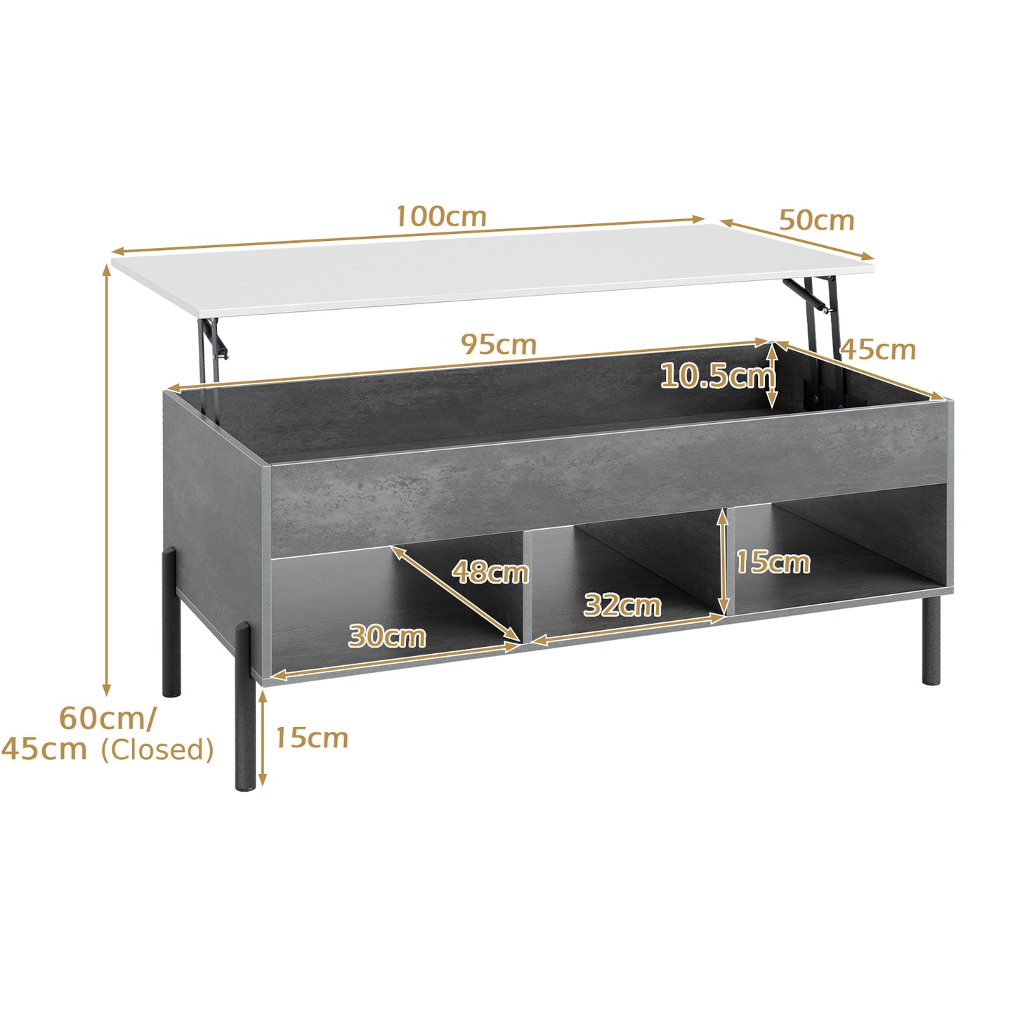 Lift Top Coffee Table with Large Hidden Compartment and 3 Open Cubbies-Grey