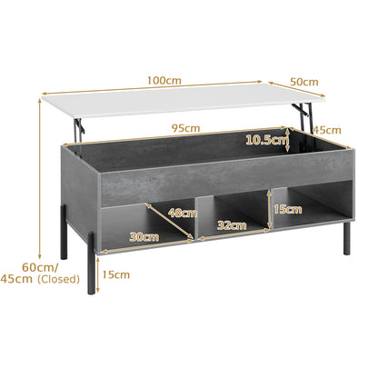 Lift Top Coffee Table with Large Hidden Compartment and 3 Open Cubbies-Grey
