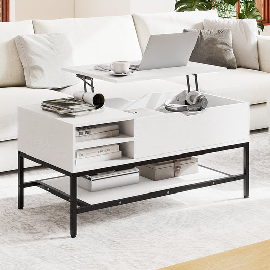 Lift Top Coffee Table with Hidden Compartment and Storage Shelf-White
