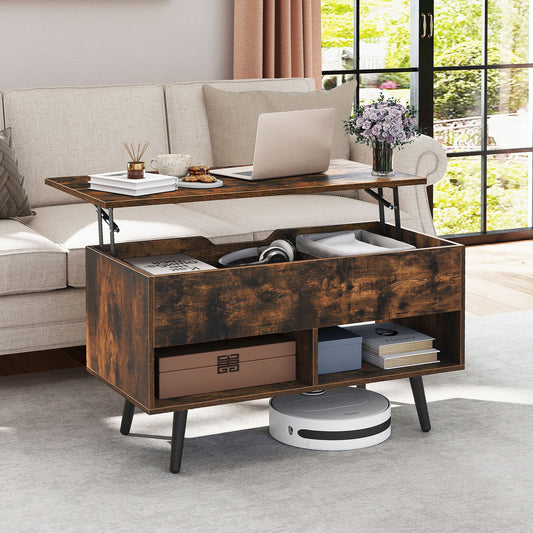Lift Top Coffee Table with Hidden Compartment and Open Storage Shelves-Rustic Brown