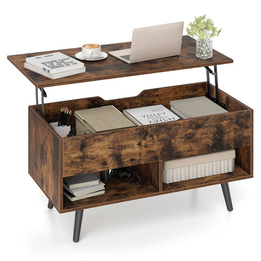 Lift Top Coffee Table with Hidden Compartment and Open Storage Shelves-Rustic Brown