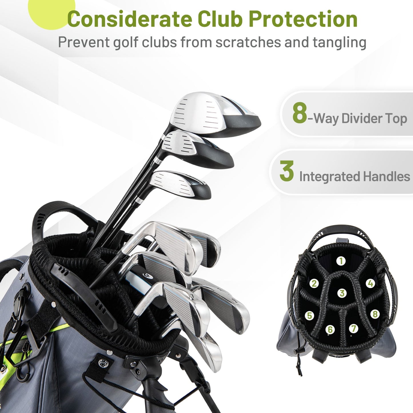 Lightweight Golf Stand Bag with 8 Way Top Dividers-Grey