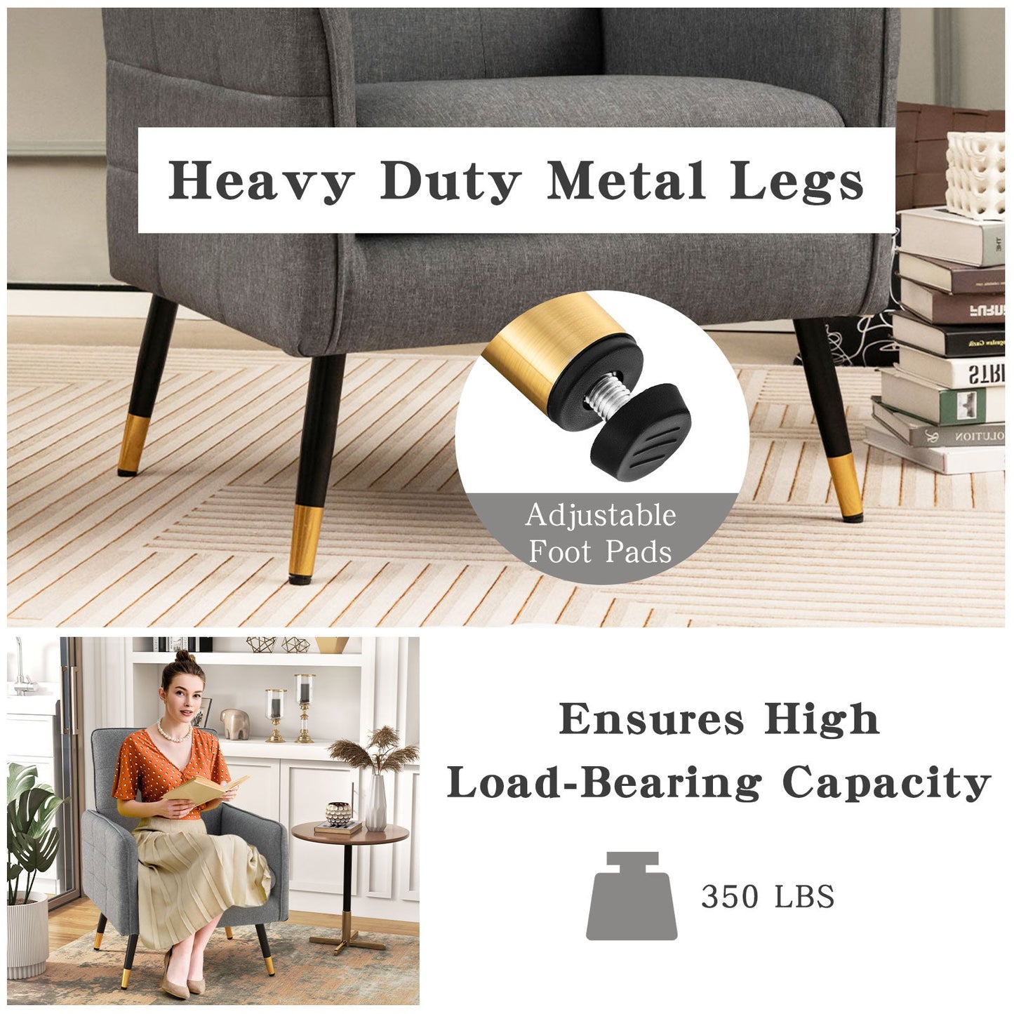 Linen Fabric Accent Chair Single Sofa with Removable Seat Cushion-Grey