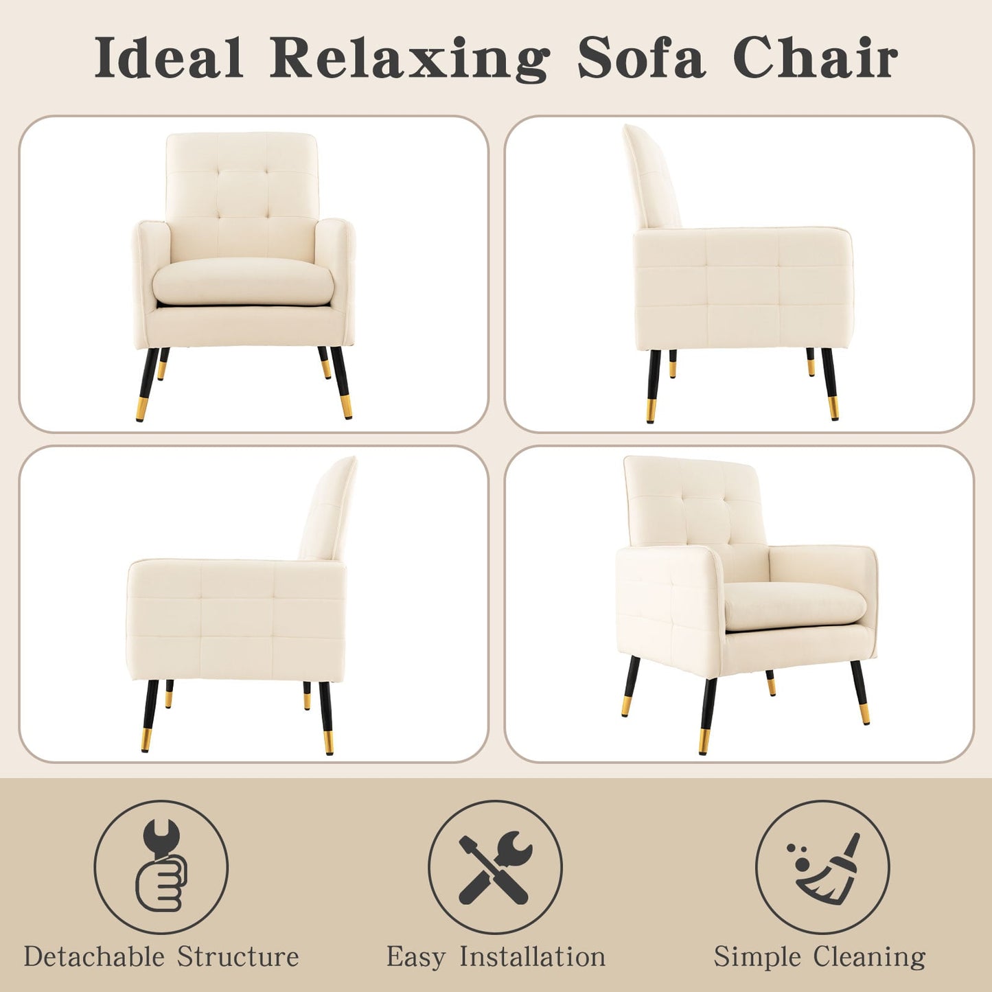 Linen Fabric Accent Chair Single Sofa with Removable Seat Cushion-Beige