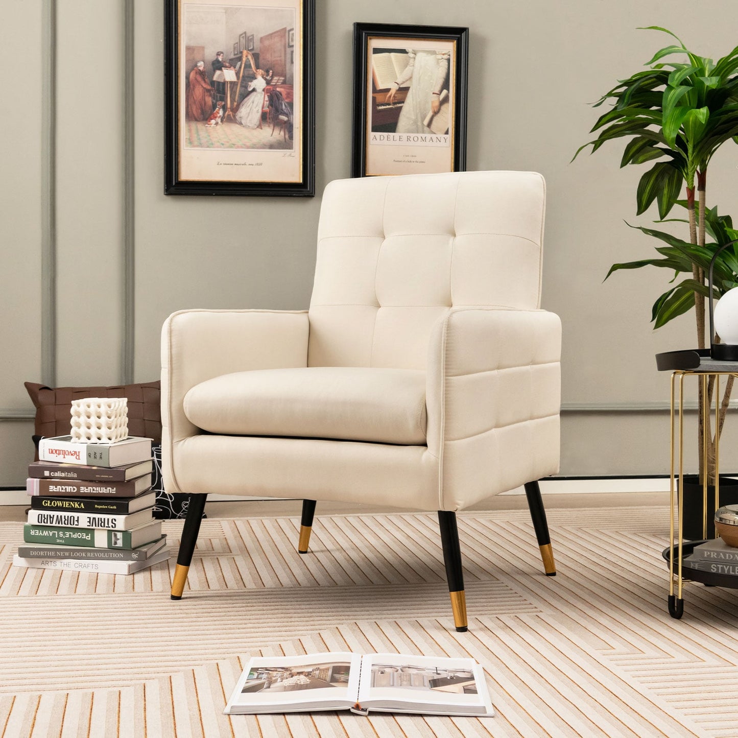 Linen Fabric Accent Chair Single Sofa with Removable Seat Cushion-Beige