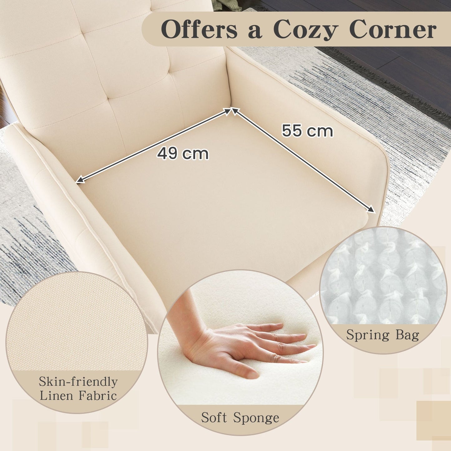 Linen Fabric Accent Chair Single Sofa with Removable Seat Cushion-Beige
