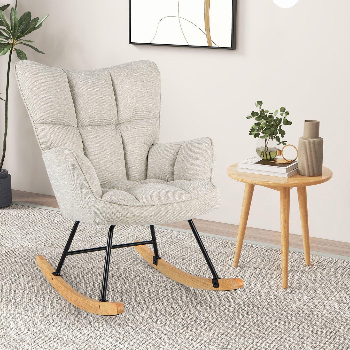 Linen Nursery Rocking Chair Modern Rocking Accent Chair with High Backrest-Beige