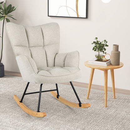 Linen Nursery Rocking Chair Modern Rocking Accent Chair with High Backrest-Beige