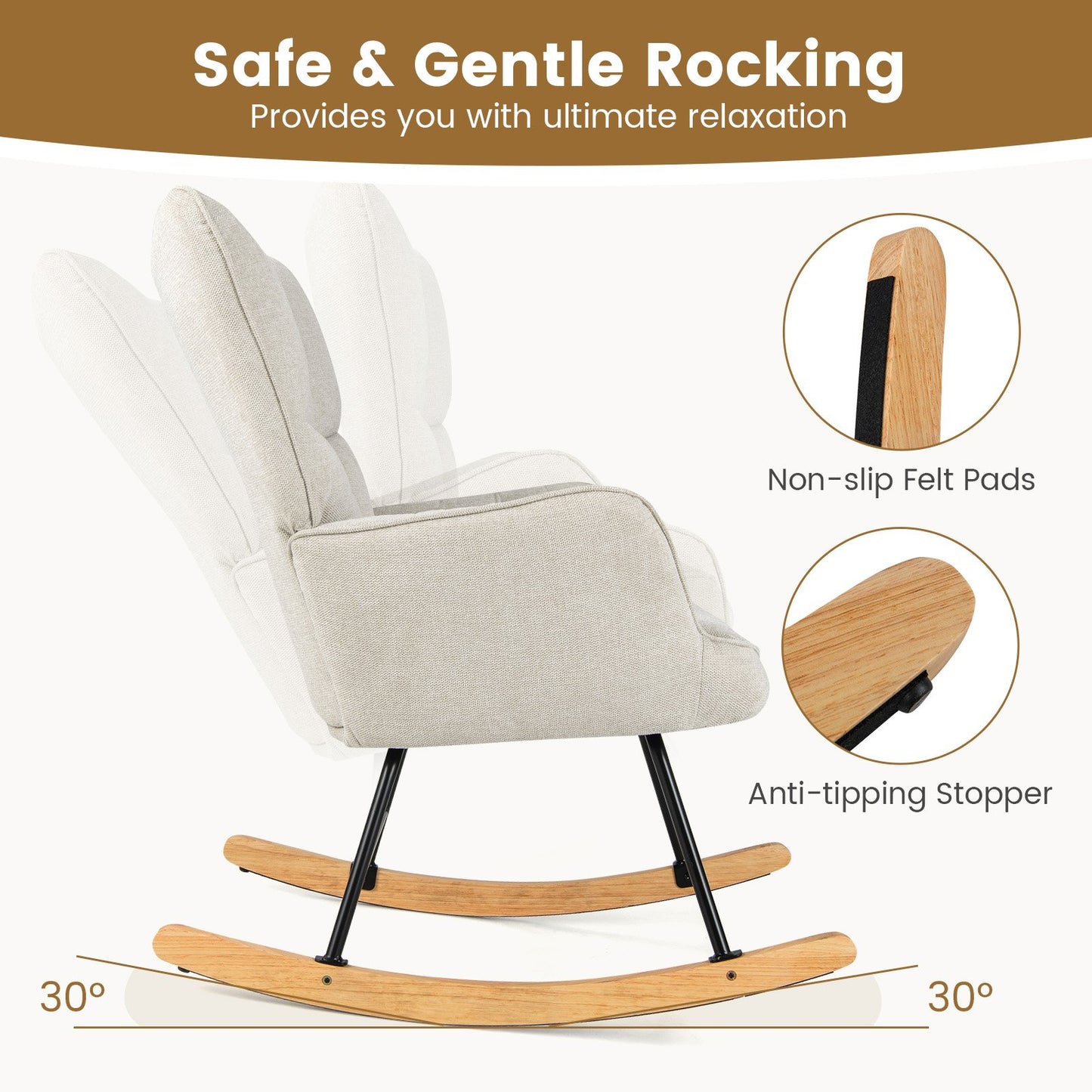 Linen Nursery Rocking Chair Modern Rocking Accent Chair with High Backrest-Beige