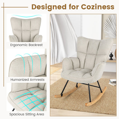 Linen Nursery Rocking Chair Modern Rocking Accent Chair with High Backrest-Beige