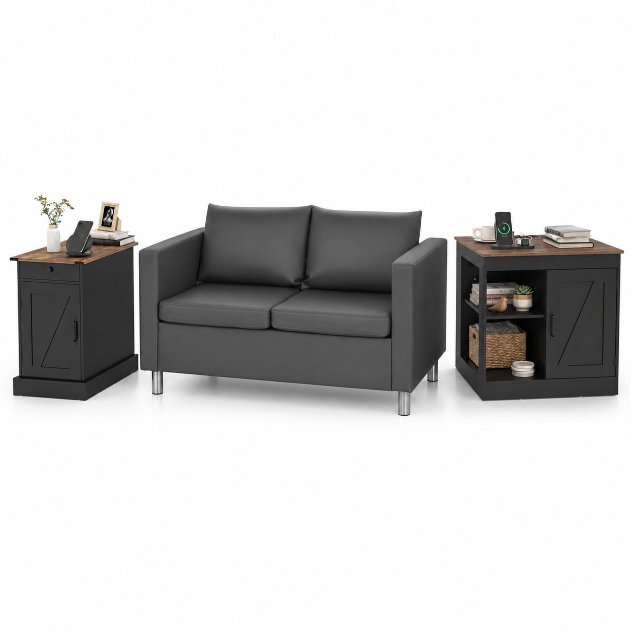 Living Room Set with End Table Farmhouse Nightstand and 2-Seater PU Leather Sofa Loveseat
