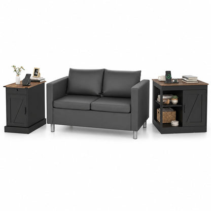 Living Room Set with End Table Farmhouse Nightstand and 2-Seater PU Leather Sofa Loveseat