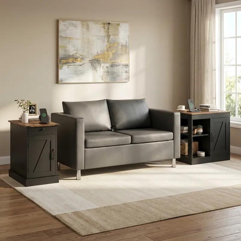 Living Room Set with End Table Farmhouse Nightstand and 2-Seater PU Leather Sofa Loveseat