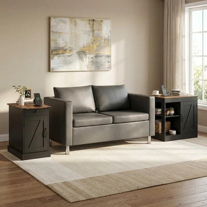 Living Room Set with End Table Farmhouse Nightstand and 2-Seater PU Leather Sofa Loveseat