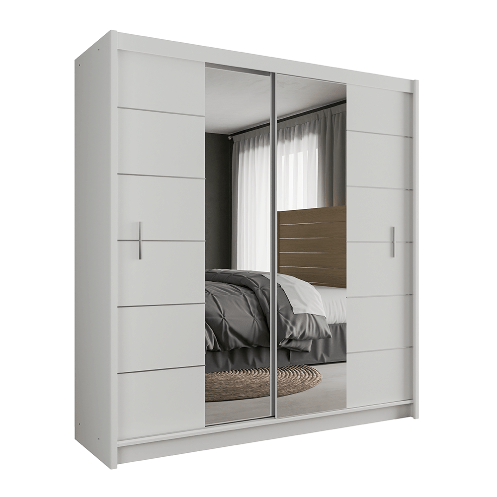 White Mirrored Sliding Door Wardrobe 203cm – CHESTER 2