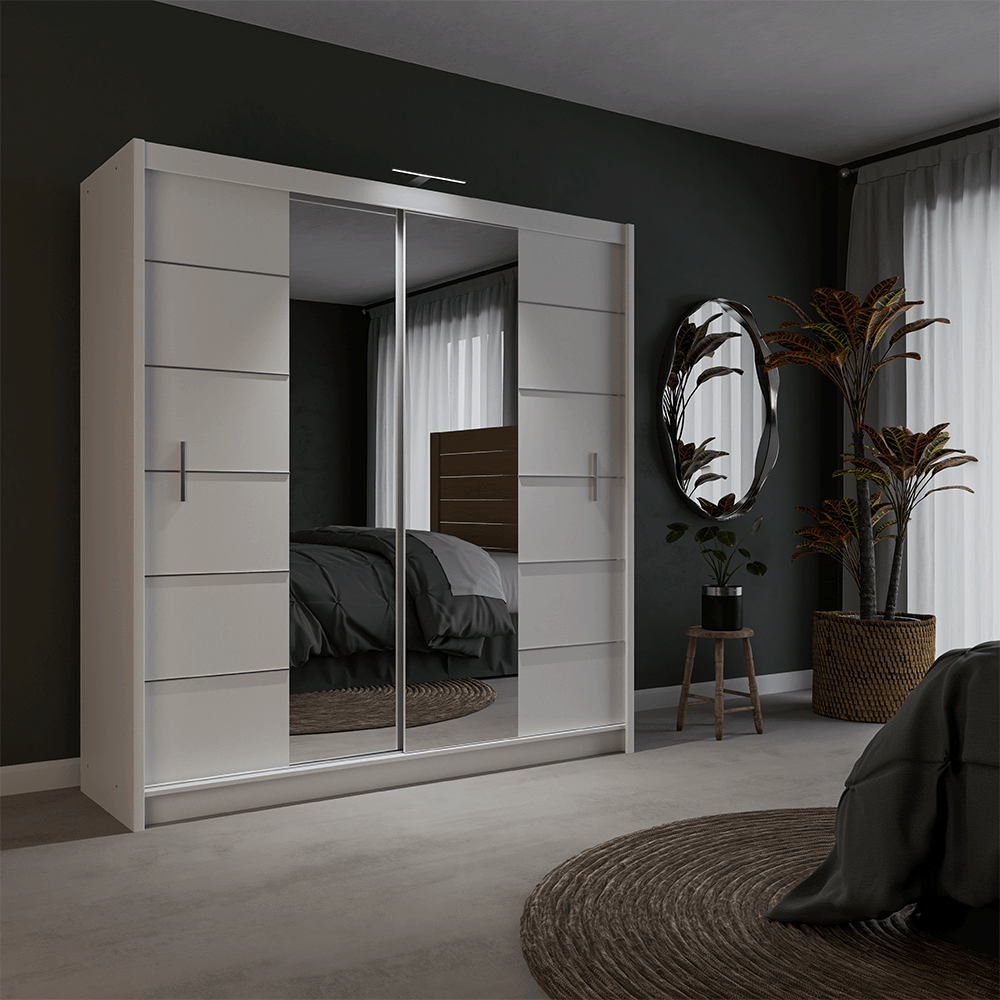 White Mirrored Sliding Door Wardrobe 203cm – CHESTER 2