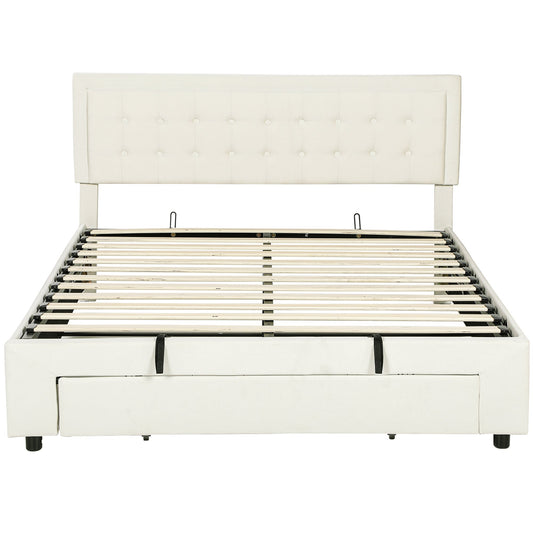 HOMCOM King Size Ottoman Bed Frame, with Front Drawer - Cream