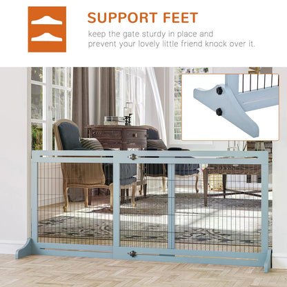 PawHut Freestanding Dog Gate, Foldable Pet Fence, Indoor Wood Barrier, Stair Gate with Support Feet, for Doorway, Hallway, Small and Medium Dogs, 69H x 104-183 cm, Blue-grey